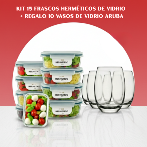 ¡Sólo Por Hoy | Kit 15 Frascos Herméticos de Vidrio + 10 Vasos de Vidrio Aruba de Regalo